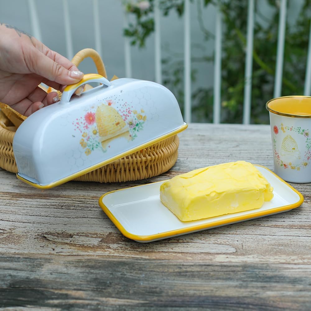 Enameled Farmhouse Vintage Butter Dish with Lid, 7.5 Inch Durable Kitchen Food Storage Container Rust-Resistant Refrigerator Safe,Vintage Decorative Design Kitchenware for Countertop