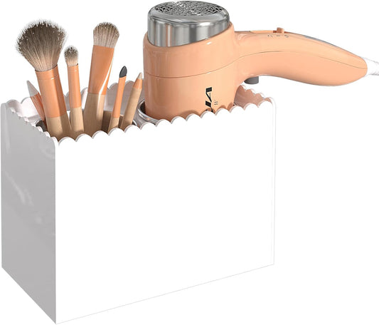 Hair Tool Organizer, Wall Mount Hair Dryer Holder with 2 Cups,Scalloped Design Acrylic Hair Styling Tools Organizer for Curling Iron Straightener Bathroom Storage (2 Cups Scalloped)
