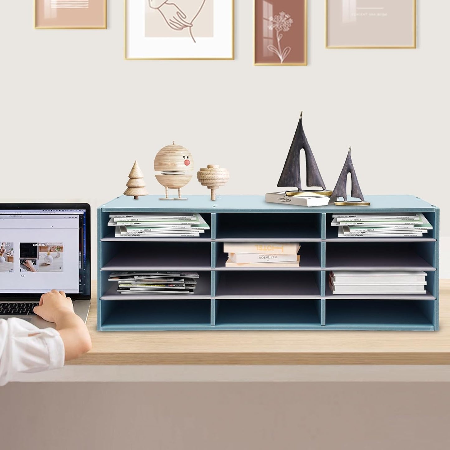 Mail Sorter Organizer, 12 Compartments Mailbox for Classroom, Desktop File Organizer with Adjustable Shelves, for Office Home Classroom, PVC, Blue