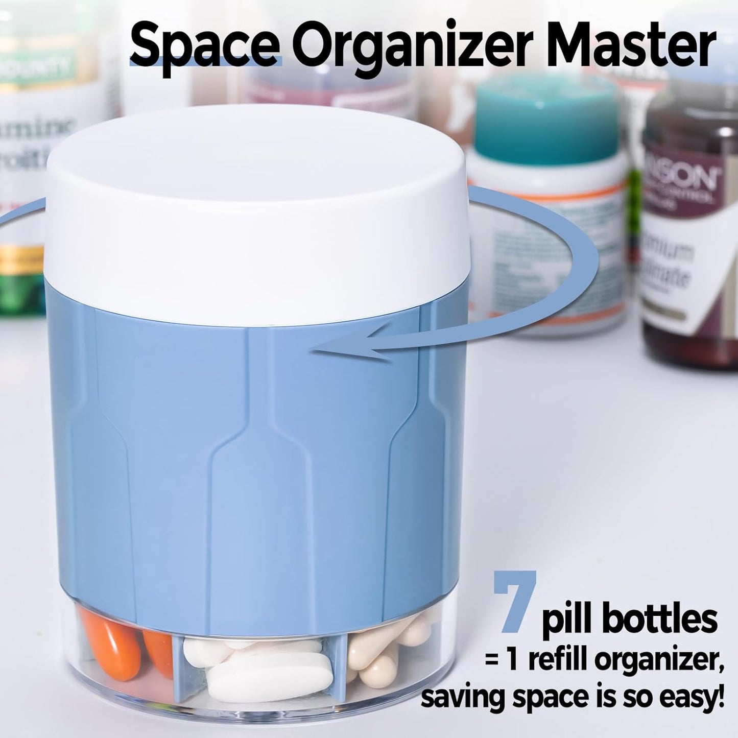 Betife Extra Large Supplement Organizer,Weekly Pill Organizer Bottle, Daily Pill Dispenser with 7 Large Compartments, Organizer to Hold 7 Day Vitamin Medication,21 Labels and a Cleaning Brush (Blue)