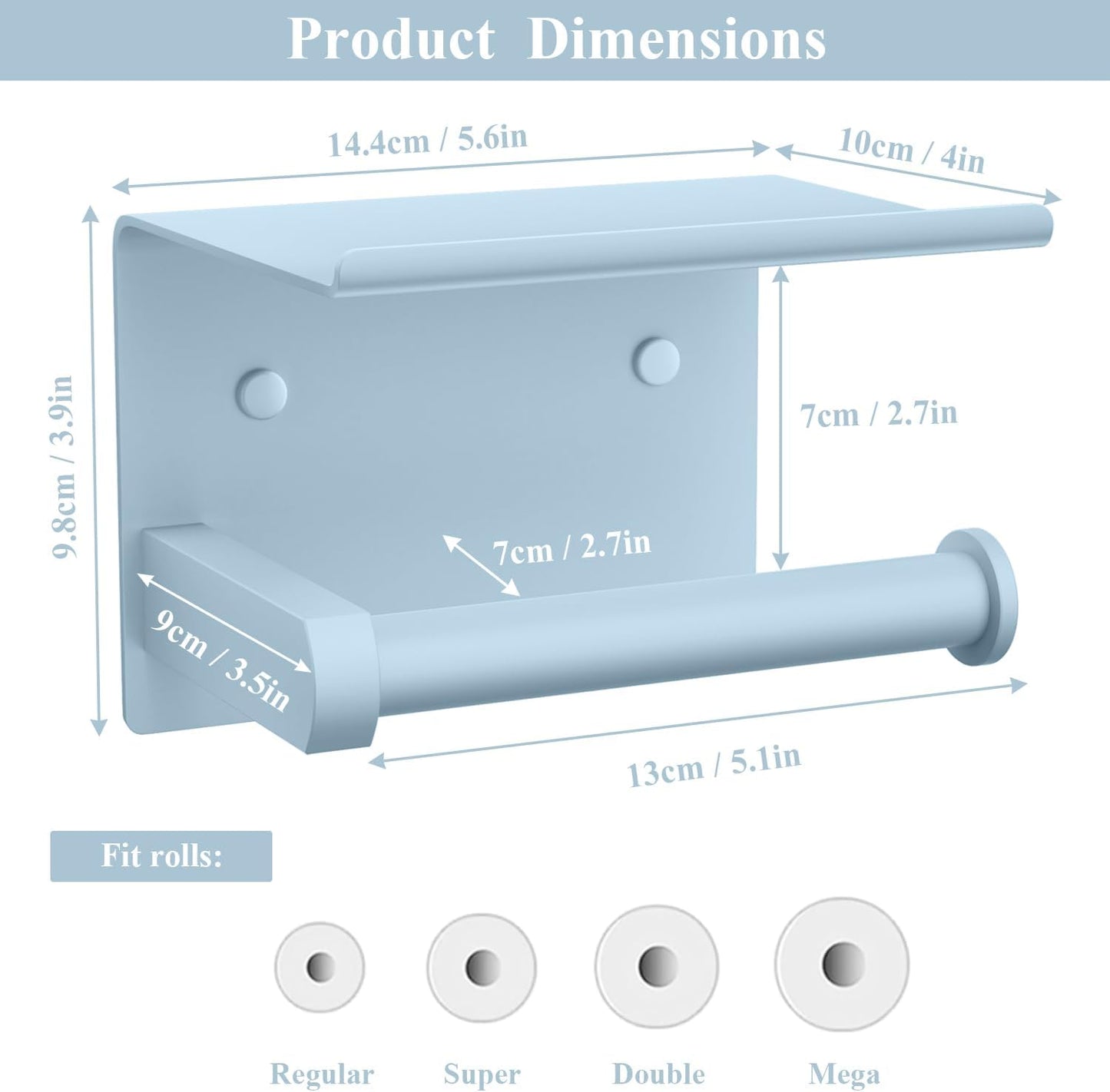 Tindbea Toilet Paper Holder with Phone Shelf, Adhesive or Screw Wall Mount Toilet Tissue Roll Holder, Rustproof & Multifunctional Stainless Steel Bathroom Storage Dispenser (Sky Blue)