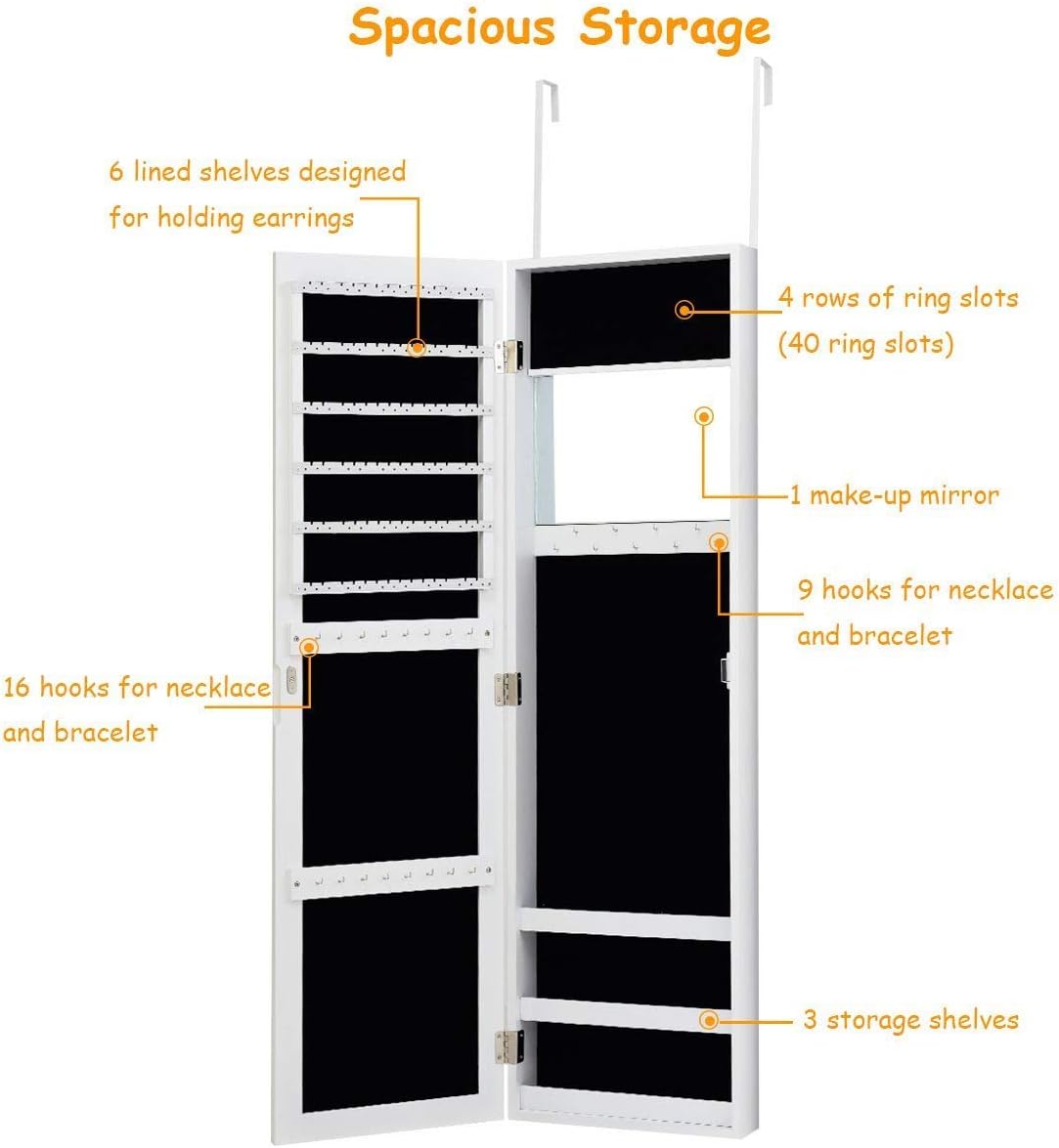 Giantex Wall Door Mounted Mirrored Jewelry Cabinet Jewelry Armoire Storage Organizer with Full Length Mirror Jewelry Cabinets (White)