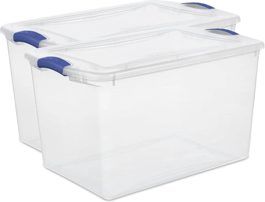 2-Pack Transparent Storage Box,66 Quart Capacity Storage Container with lock cover,Plastic,Stackable storage solution ideal for organizing items in households,Educational institutions,and warehouses.