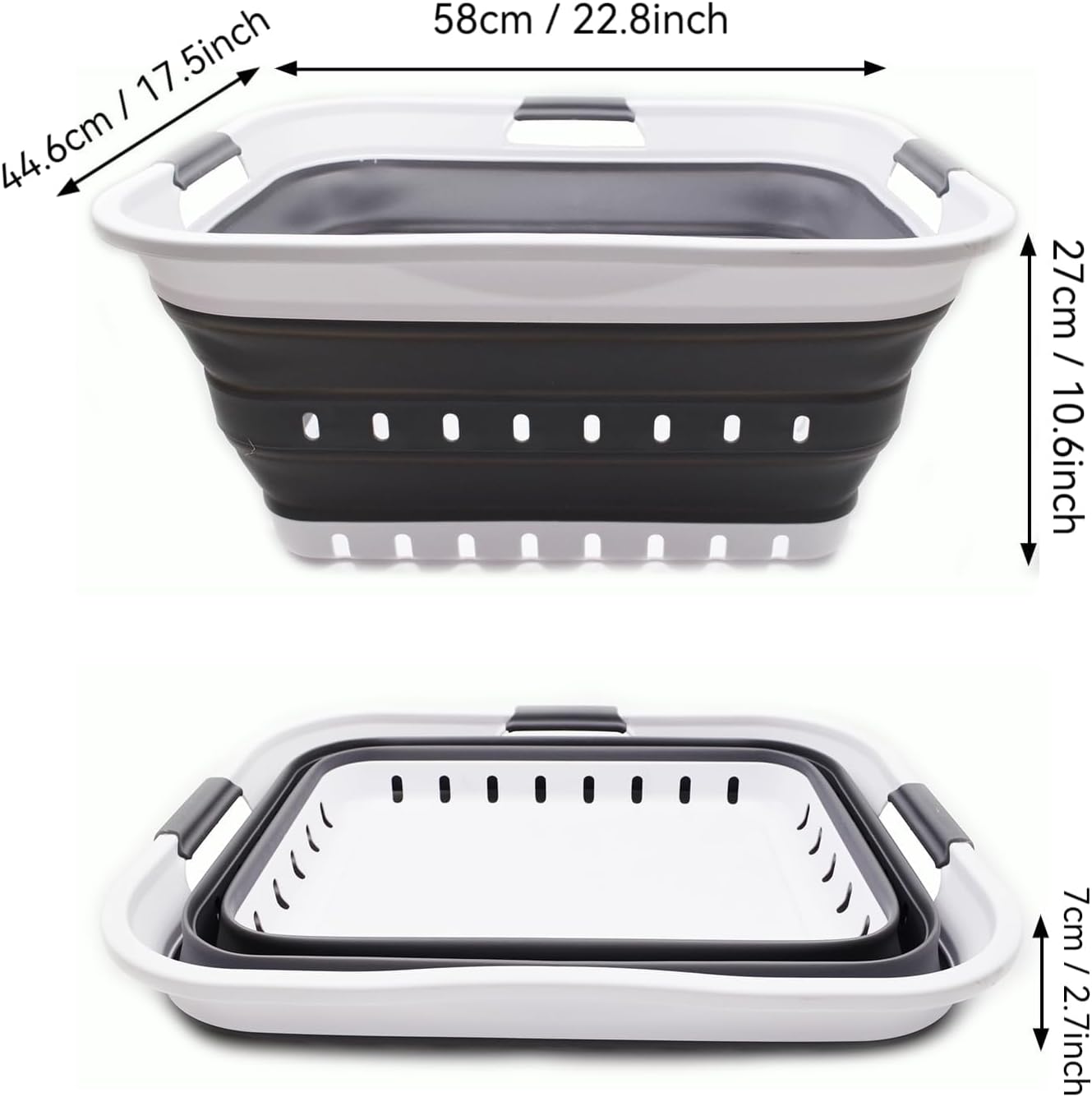 SAMMART 42L (11 gallon) Collapsible Plastic Laundry Basket - Foldable Pop Up Storage Container/Organizer - Space Saving Hamper/Basket (1, White/Dark Grey)