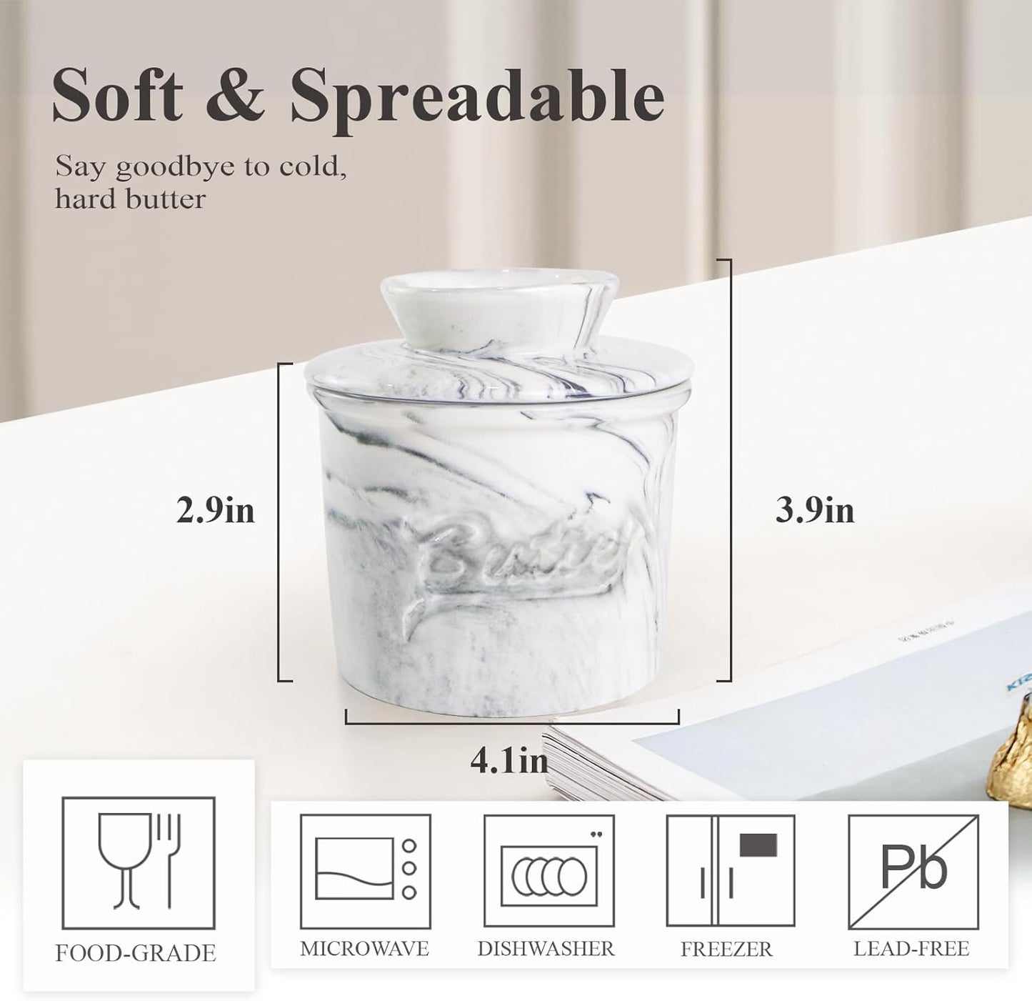 Butter Crock for Counter with Water, French Butter Keeper for Spreadable Butter Marble Ceramic Butter Dish with Lid for Countertop, Butter Container Holder