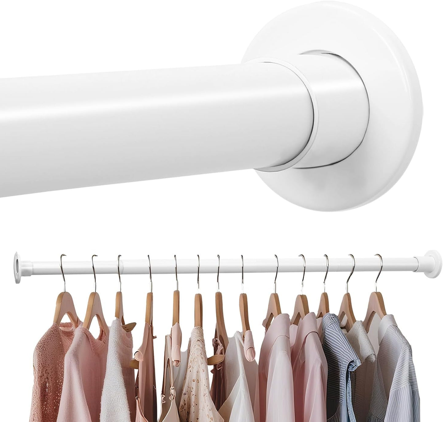 White Adjustable Closet Rod 18-77 Inches, Heavy Duty Metal Clothes Hanging Rod, Rust-Proof Non-Slip Wardrobe Bar for Closet, Laundry Room, RV