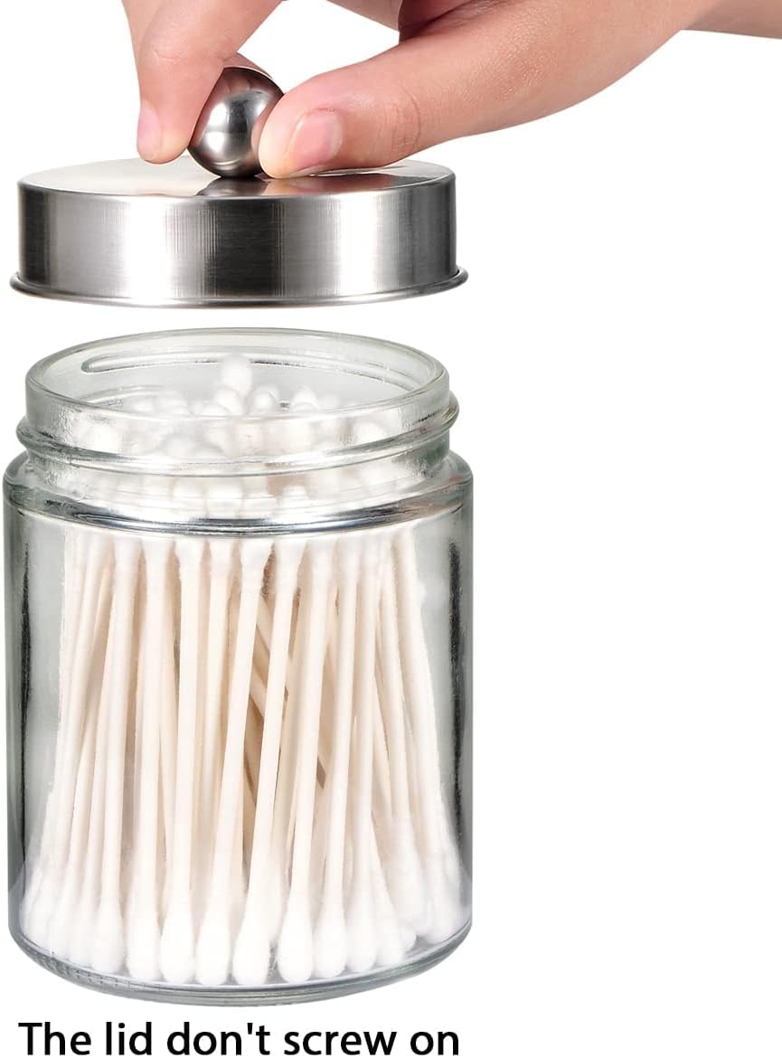 Amolliar 6Pc Apothecary Jars Bathroom Vanity Organizer- Rustic Farmhouse Decor Storage Canister&Stainless Steel Lids- Qtip Dispenser for Q-Tips,Cotton Swabs,Rounds,Ball,Flossers (Brushed Nickel)