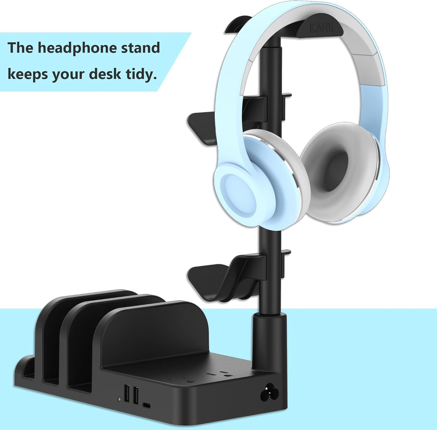 KAFRI Headphone and Controller Stand with USB A&C Charger, Desk Gaming Accessories Headset Holder with USB Charging Port and 2 AC Outlets, Switch/Phone Storage Organizer, Gamer Gift for Men Boyfriend