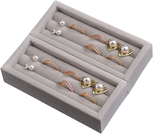DesignSter Small Jewelry Tray, 2PCS Ring Organizer, Velvet Jewelry Display Tray, Stackable Jewelry Organizer Trays, Jewelry Drawer Organizer Inserts For Dresser, Jewelry Box (Gray)