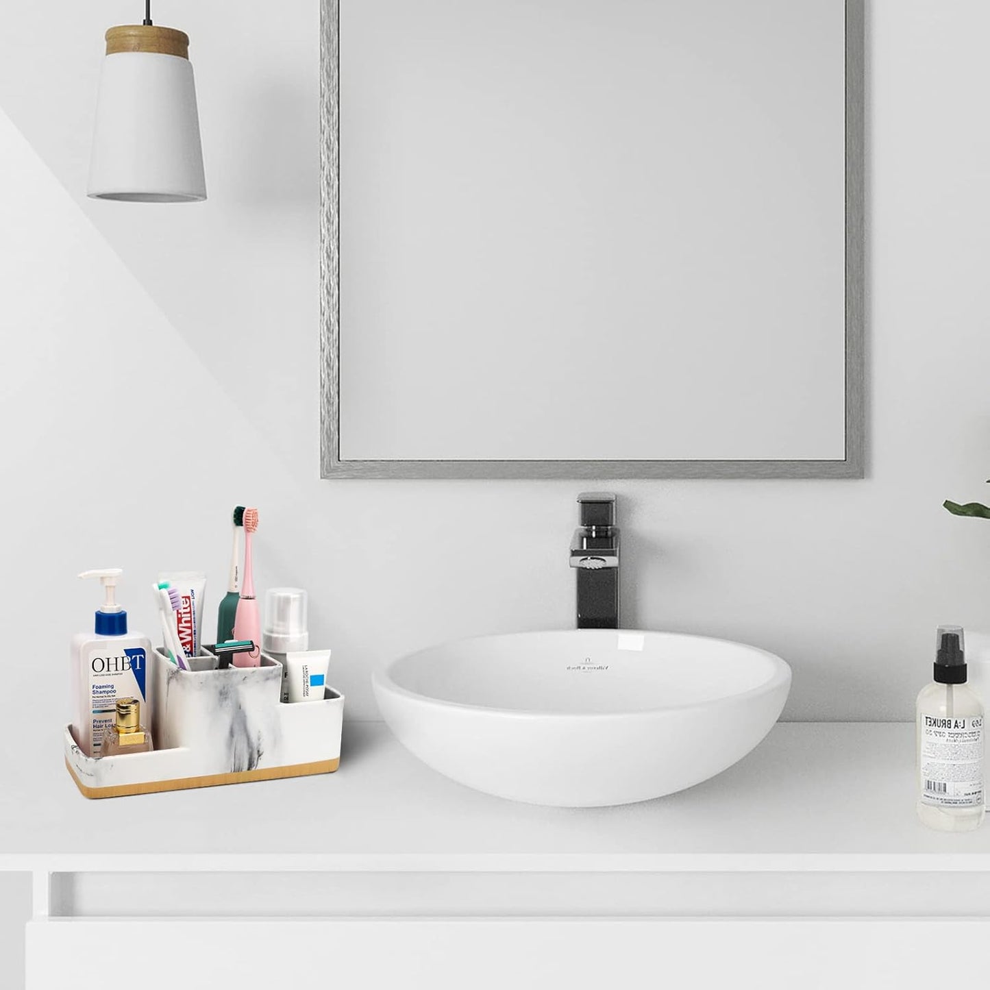 Toothbrush Holder for Bathrooms, Bathroom Organizer Countertop, Rectangle 5 Compartment Bathroom Accessories Storage for Toothpaste/Shaver and Other Items,White Resin of Marble Color (White)