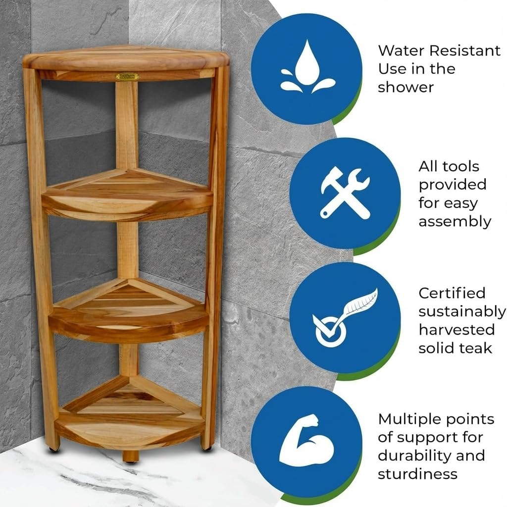 EcoDecors Corner Snazzy Corner Four Tier Natural Color Shelf Waterproof Teak Wood Shower Bench Stool Seat Chair For Inside Shower Provides Safety, Storage, and Organization For Bathroom Accessories