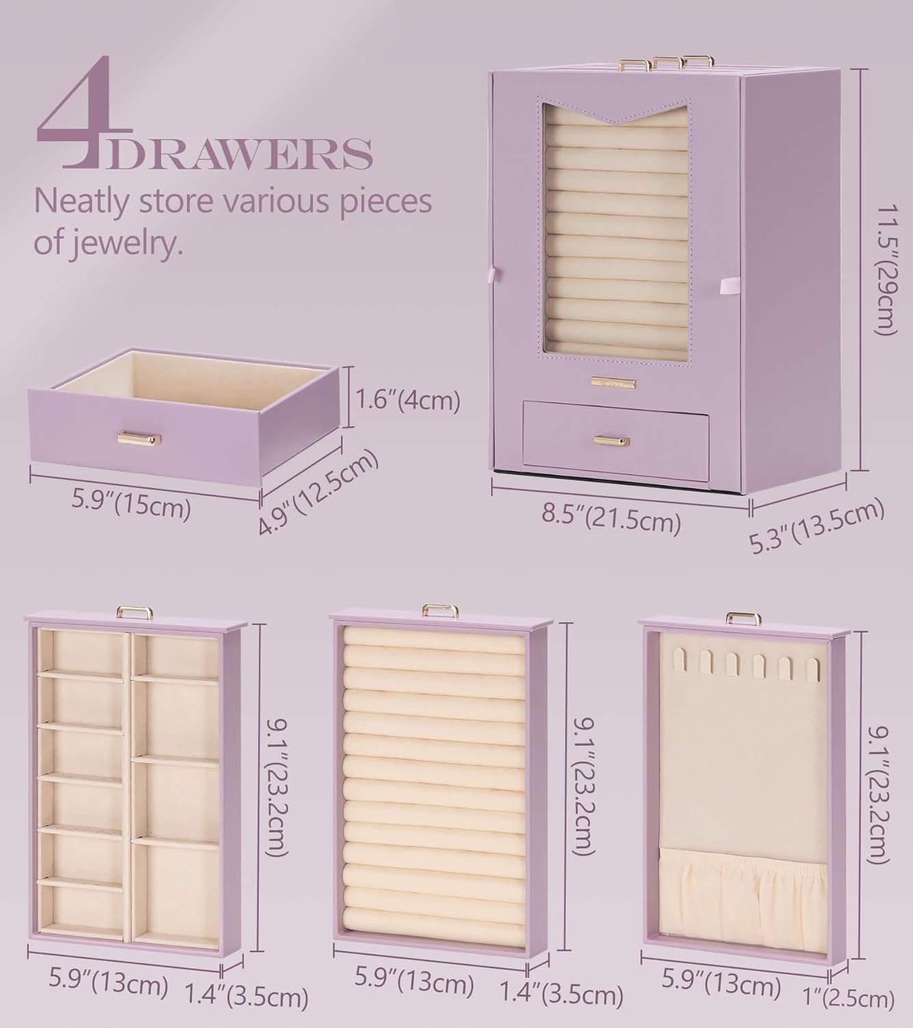 Homde Jewelry Organizer with Transparent Window Necklace Hooks Gift for Women Jewelry Box Display Case for Necklaces Rings Earrings Bracelets and Other Accessories (Grey Purple)