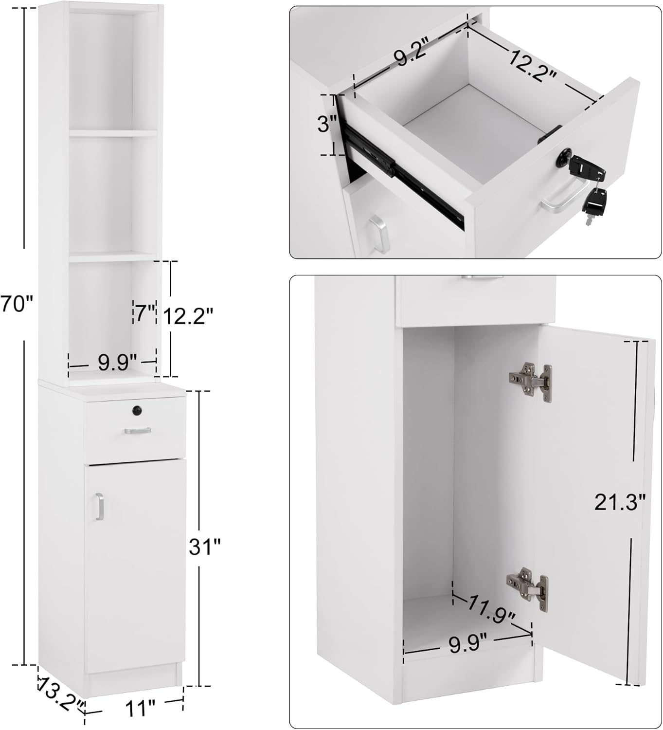 BarberPub Locking Wall Mount Hair Styling Barber Station Drawer Storage Beauty Salon Spa Equipment 3036-1 (White(Handle Left))