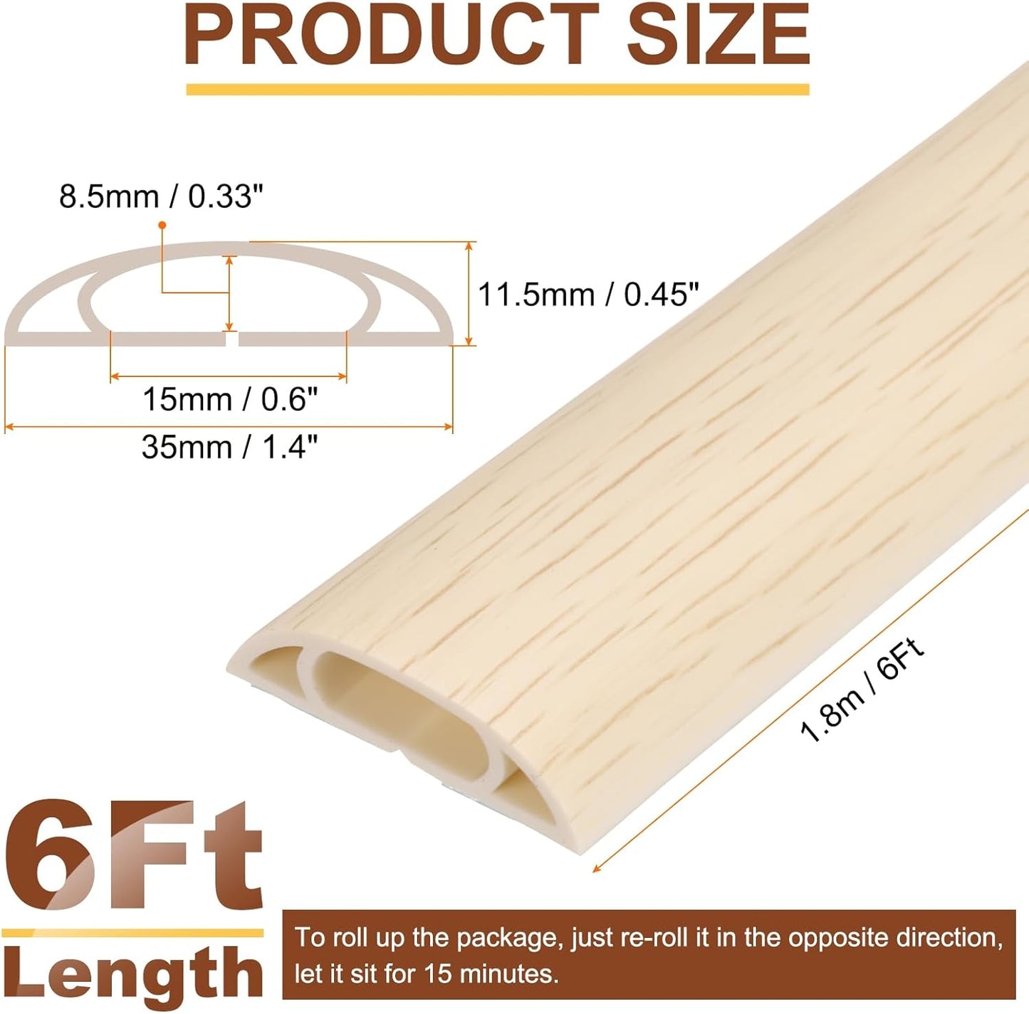 HARFINGTON 6ft Cord Cover Floor W0.6 x H0.33 Inner Channel PVC Hide Extension Cable Floor Wire Hider Wire Covers Protector for Prevent Cable Trips Cables Management, Wood Beige