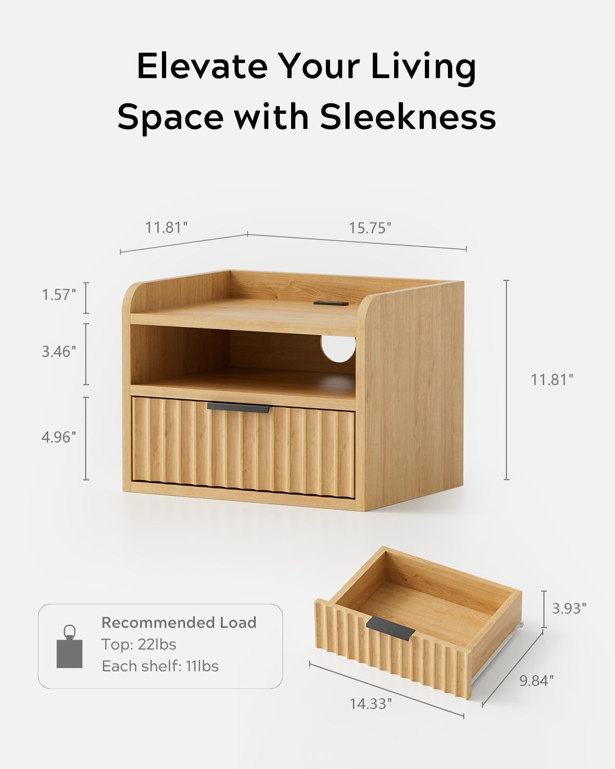 Fluted Floating Nightstand Set of 2, Wall Mounted Bedside Table with Storage Drawer and Open Shelf, Night Stand with Charging Station for Living Room, Bedroom, Dorm, Natural Oak