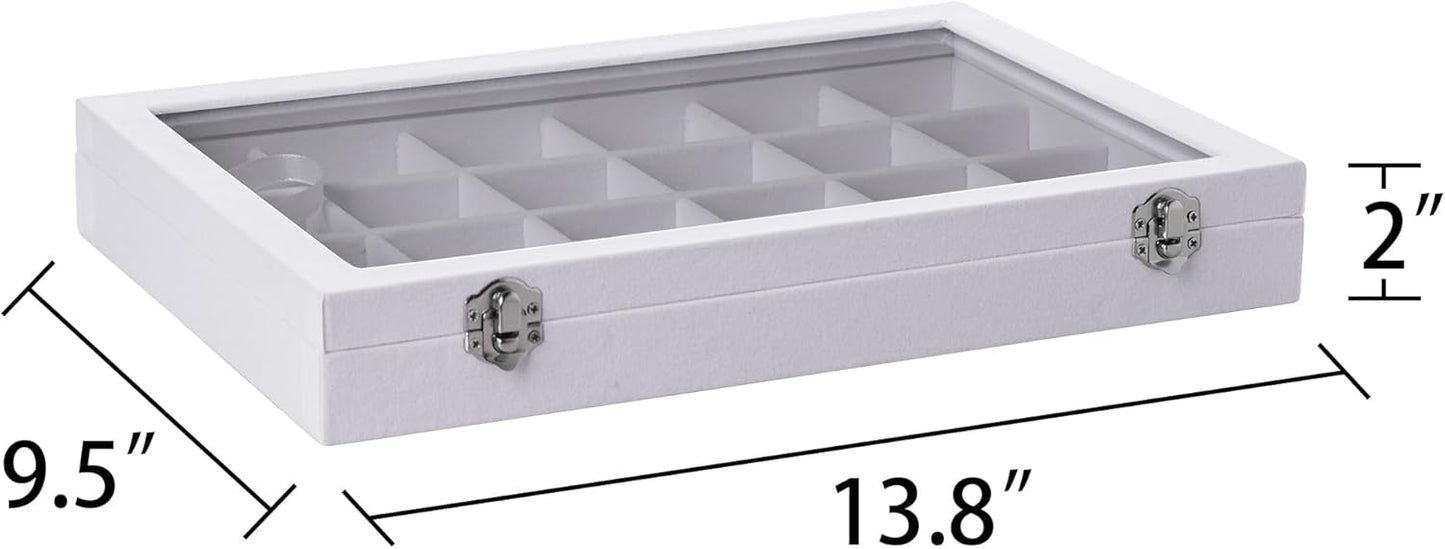 Frebeauty Velvet Jewelry Tray,24 Grid Jewelry Organizer with Clear Lid,Earring Holder Organizer with Clasp,Drawer Insert Rings Pendants Brooches,13.8 x 9.5 x 2 Inches,Gift for Women Girls(White)