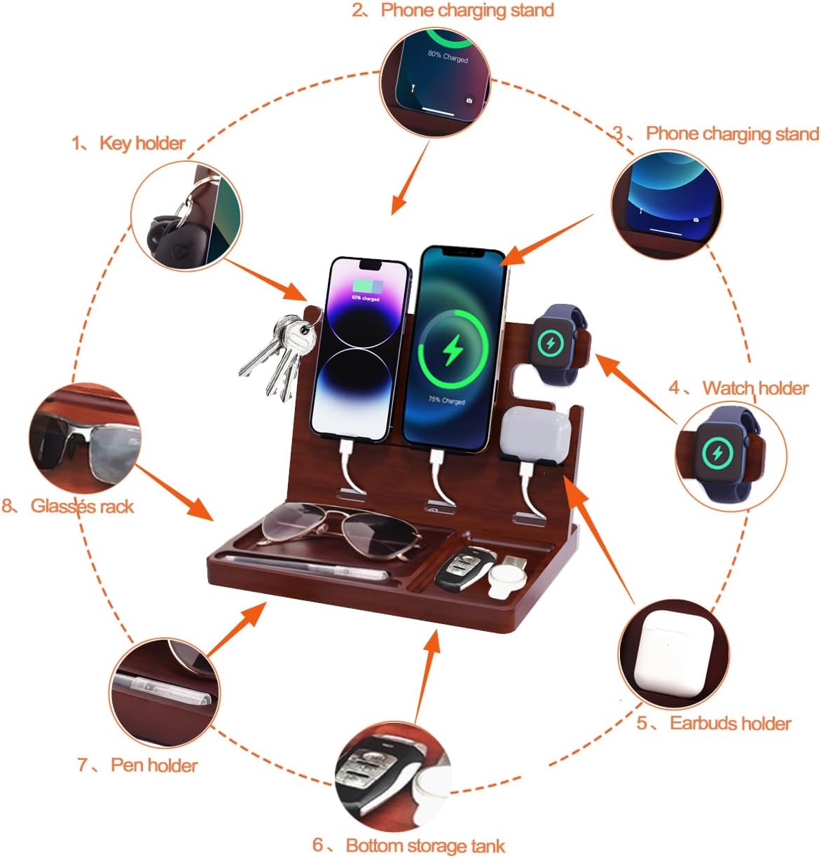Wood Phone Docking Station for Men Nightstand Organizer Charger with 4 USB PD & QC3.0 Fast Charging Station for Multiple Devices iPhone Samsung Google Android Anniversary Birthday Gifts for Him