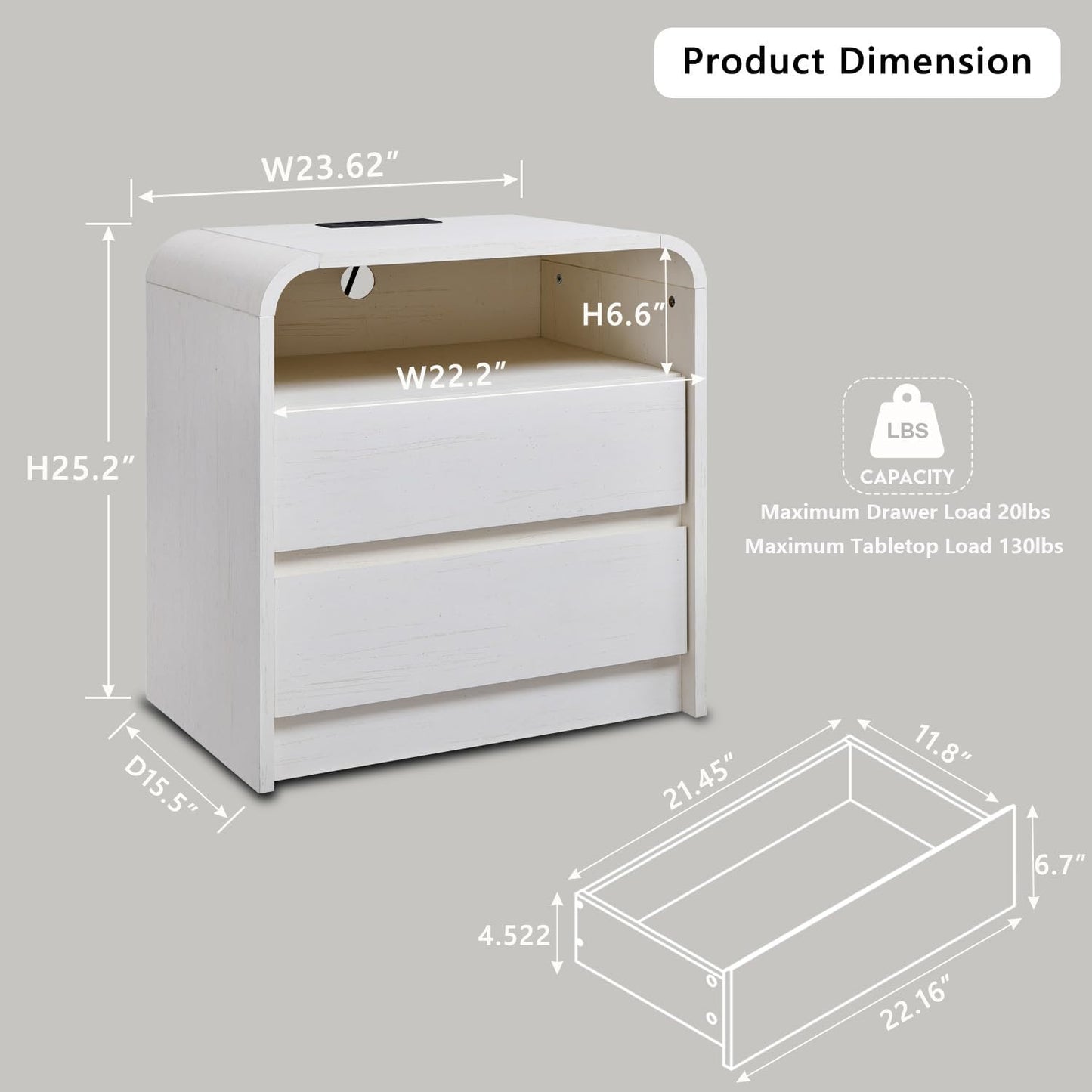 25" Tall Modern Nightstand with Charging Station, 23.6'' Wide Wood Bedside Table w/2 Storage Drawers, Large Mid Century End Table for Bedroom, Living Room, Curved Profile Design, White