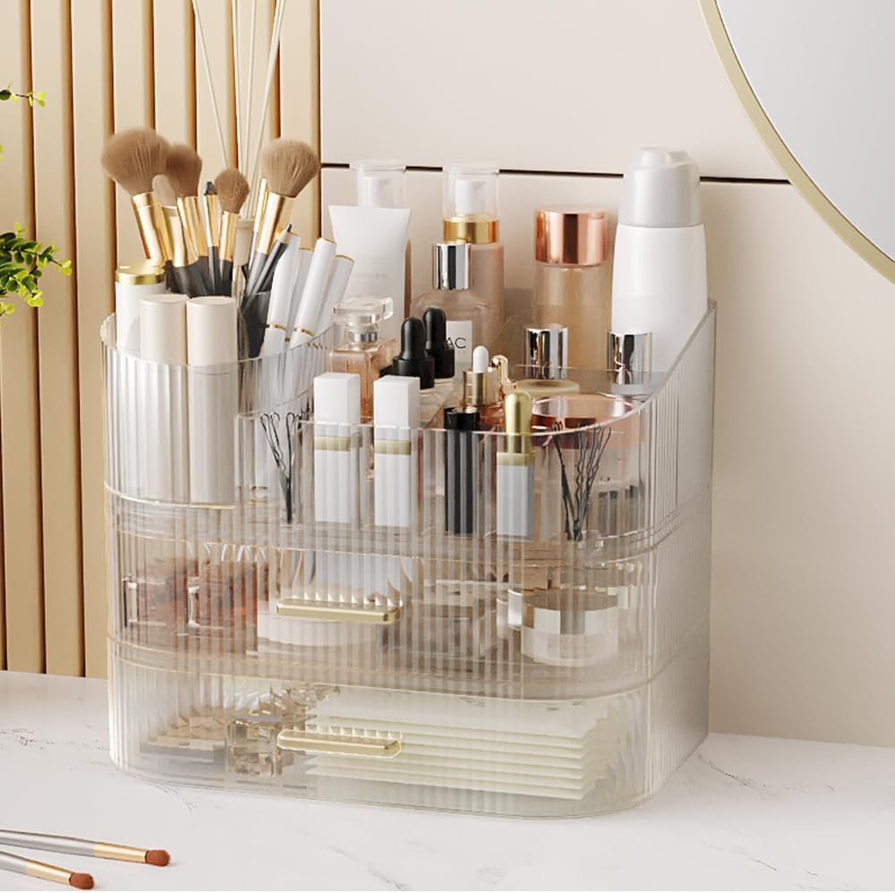 Makeup Organizer with Stackable Drawer, 360 Rotating Makeup Brush Holder, 11-inch Large Cosmetic Display Case, Skincare Organizers and Storage for Vanity, Bathroom Countertop (1 Tray + 2 Drawer)