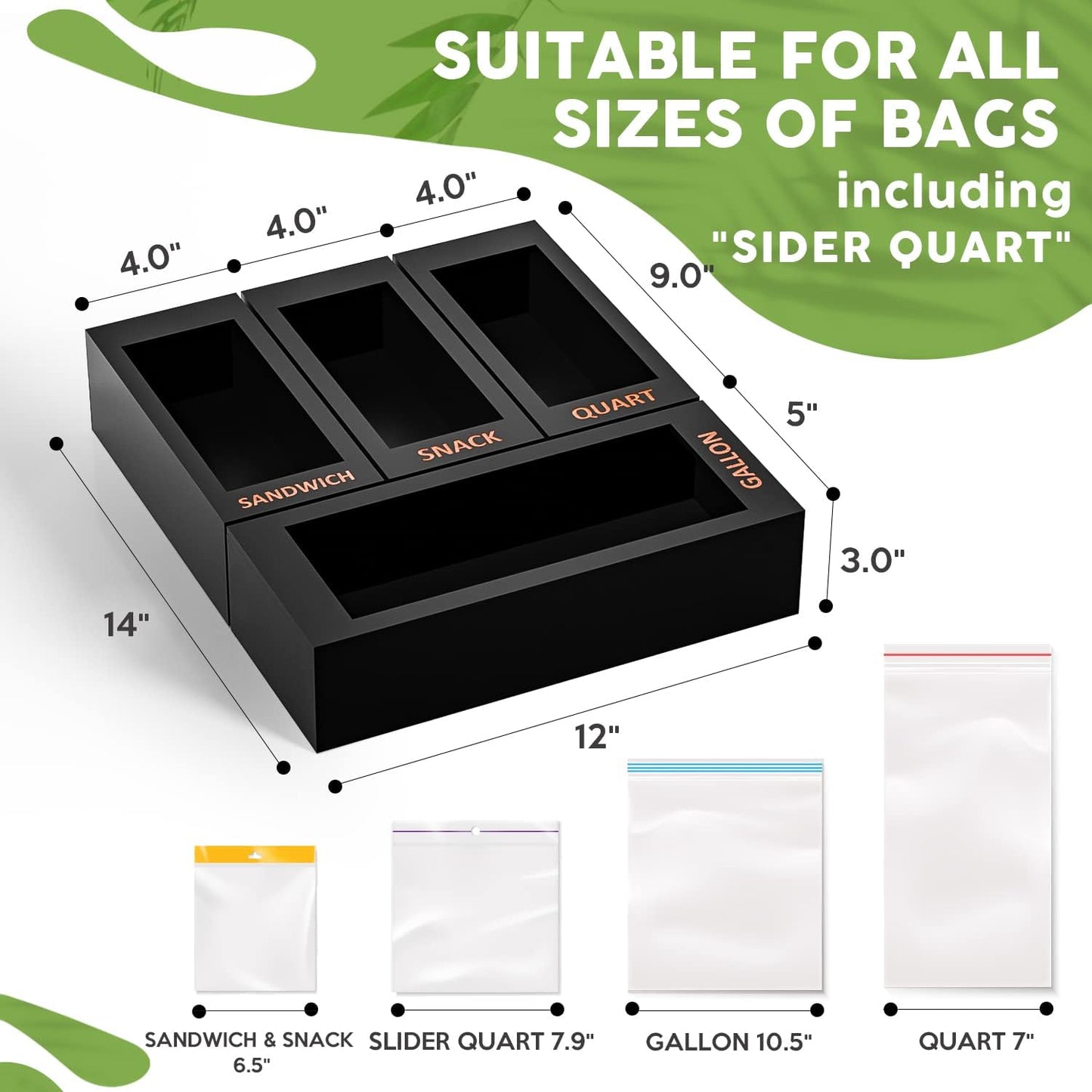 DALSHABET Bamboo Storage Bag Organizer for Kitchen Drawer, 4 Separate Food Storage Bag Organizer, 12x14 Baggie Organizer Dispenser for All Brands Gallon, Snack, Sandwich & Quart Slider Bags Black