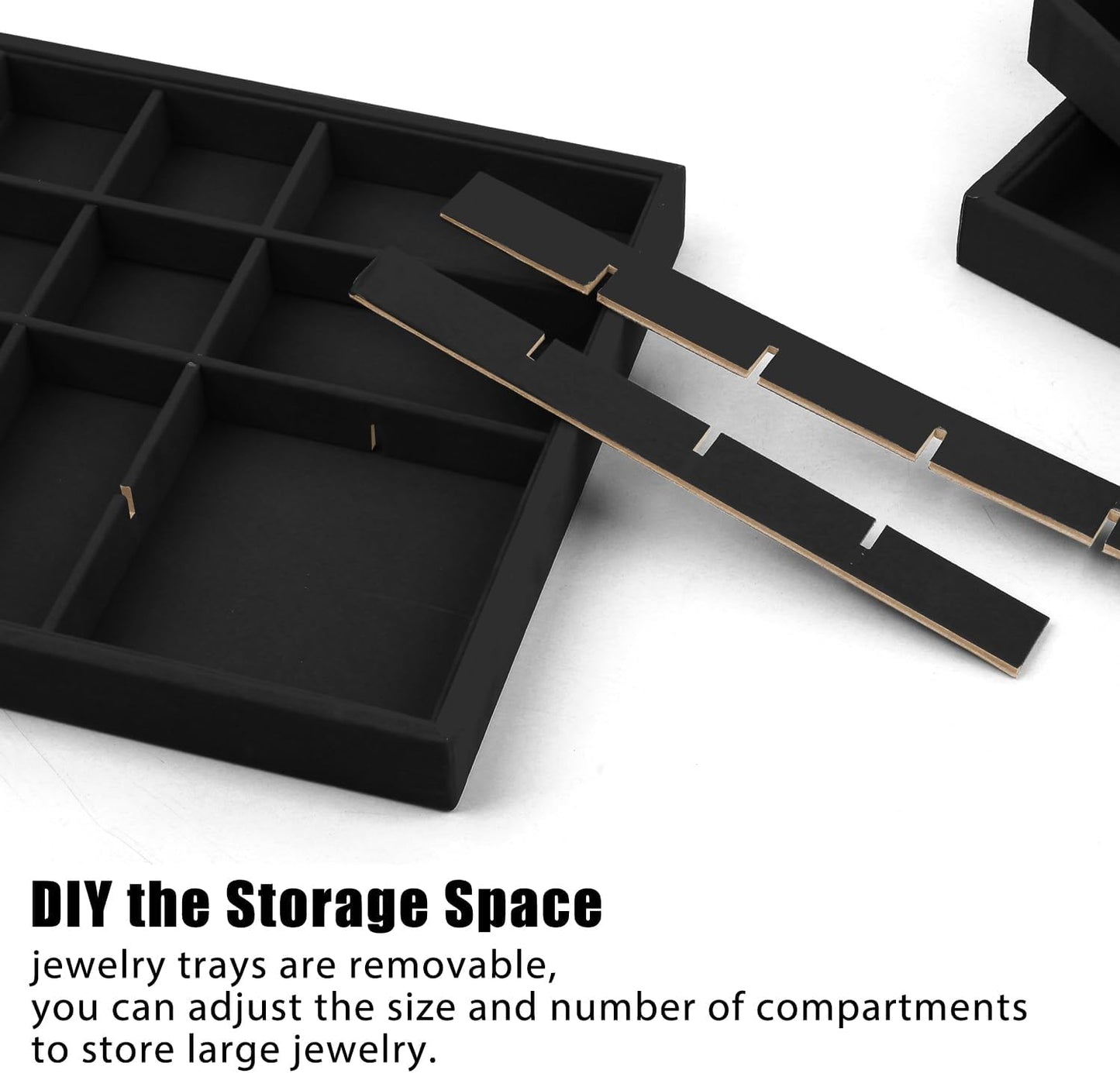 Lainrrew Jewelry Tray, 4 Pack Jewelry Organizer Velvet Jewelry Tray Stackable Jewelry Trays, Necklace & Earring Holder, Divided Bracelet & Ring Storage, 13.8"x9.5"x1.2" - Elegant Display Case (Black)