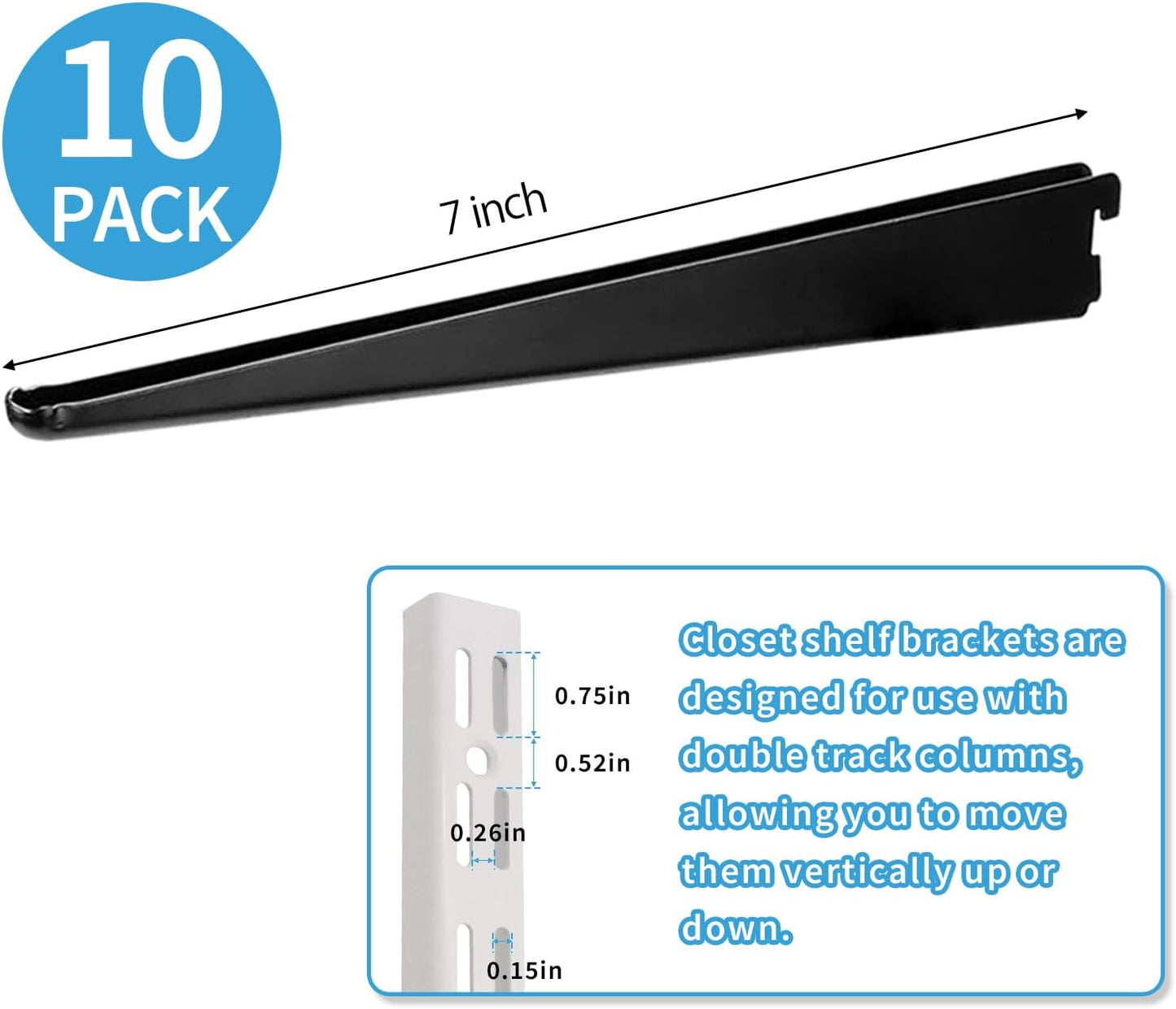 10 Pack 7‑Inch Adjustable Wire Shelf Brackets – Heavy‑Duty Double‑Track Closet & Wall Shelving System Supports（Black）