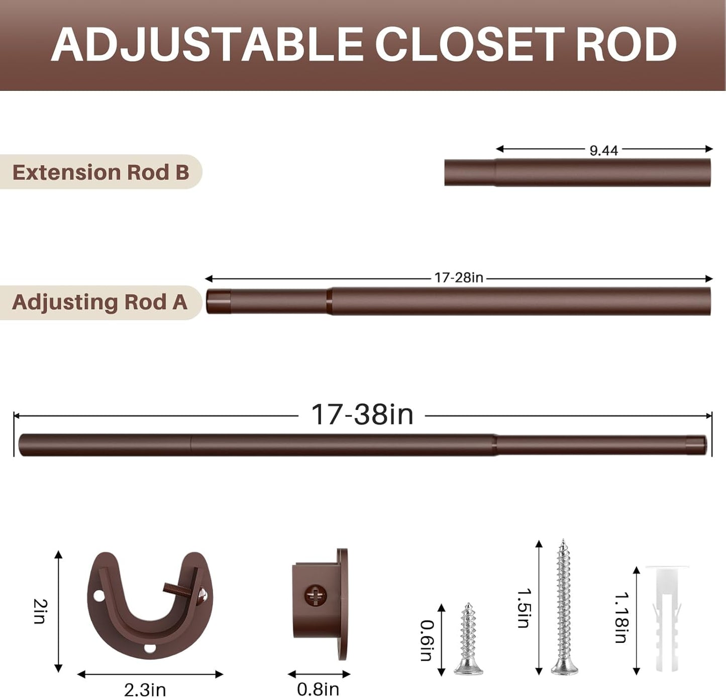 Closet Rod - Closet Rods for Hanging Clothes, 17 to 38 inch Adjustable Closet Hanging Rod, Heavy Duty Clothes Rod Clothing Bar, Closet Poles for Hanging Clothes for Wardrobes, Shower Curtain