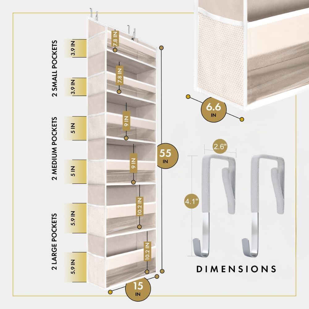 HOMELUX THEORY Over The Door Organizer Hanging - 50lbs Load 6 Large Front & 12 Side Pockets, 1 Pack Over The Door Shoe Organizer, Hanging Closet Organizer For Toys, Diaper - Sewing Organizers (Ivory)