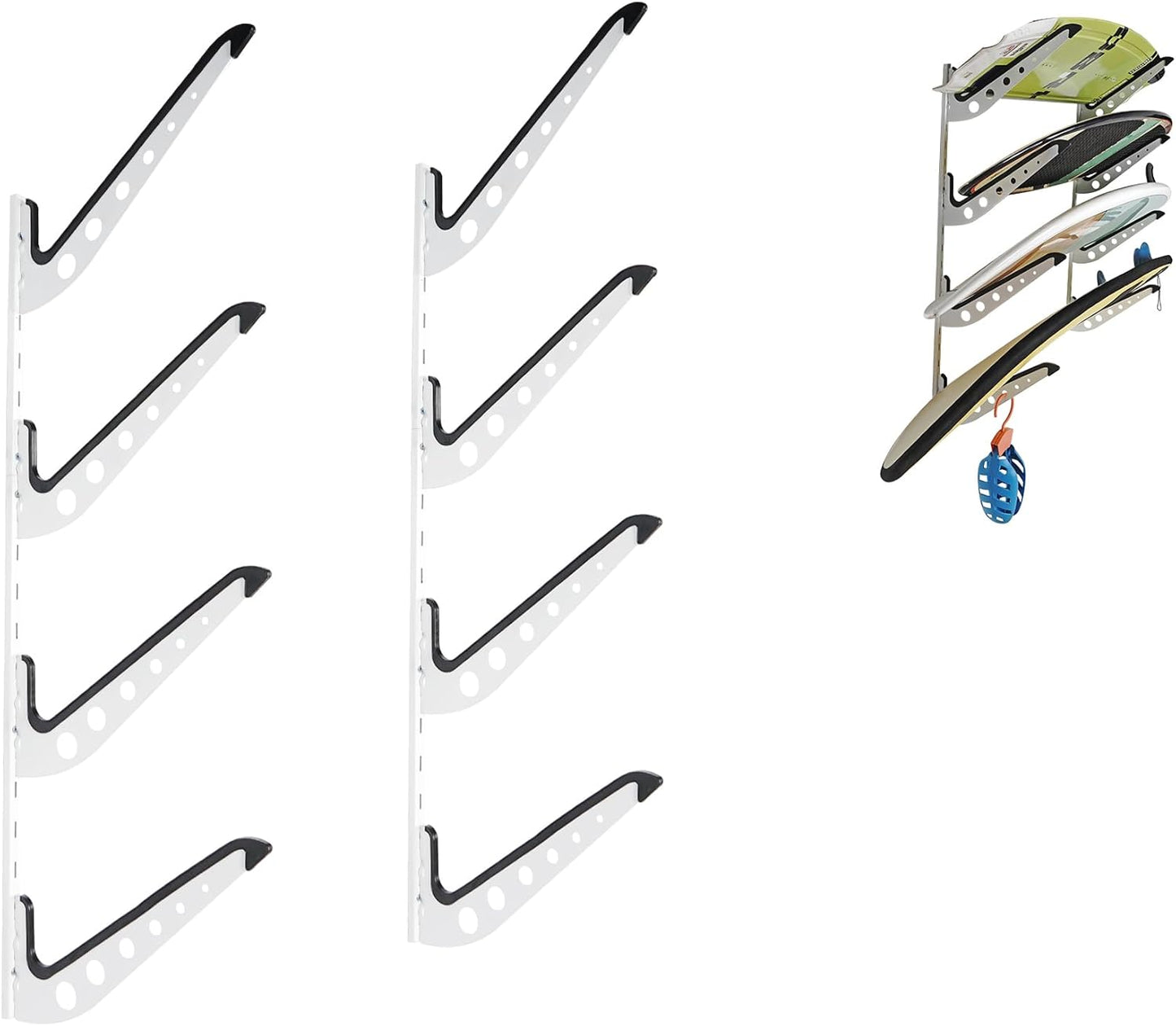 4 Board Surf Rack Wall Mount for Surfboard, Wakeboard, Snowboard Storage Adjustable Wall Hangers Boards Display White