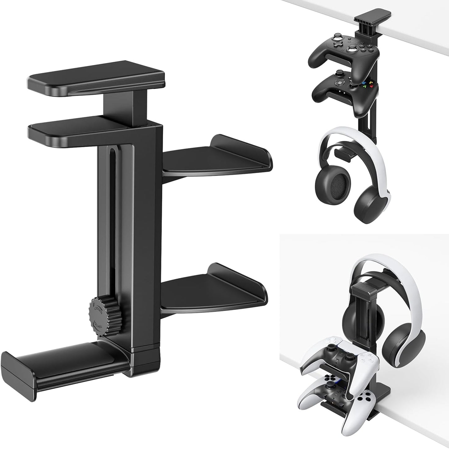 Controller Holder & Headphone Stand Under Desk with Adjustable Clamp, Controller Stand&Headset hanger for Desk Mount with 360° Rotating Hook & Cable Organizer, 3-in-1 Gaming Accessories Organizer