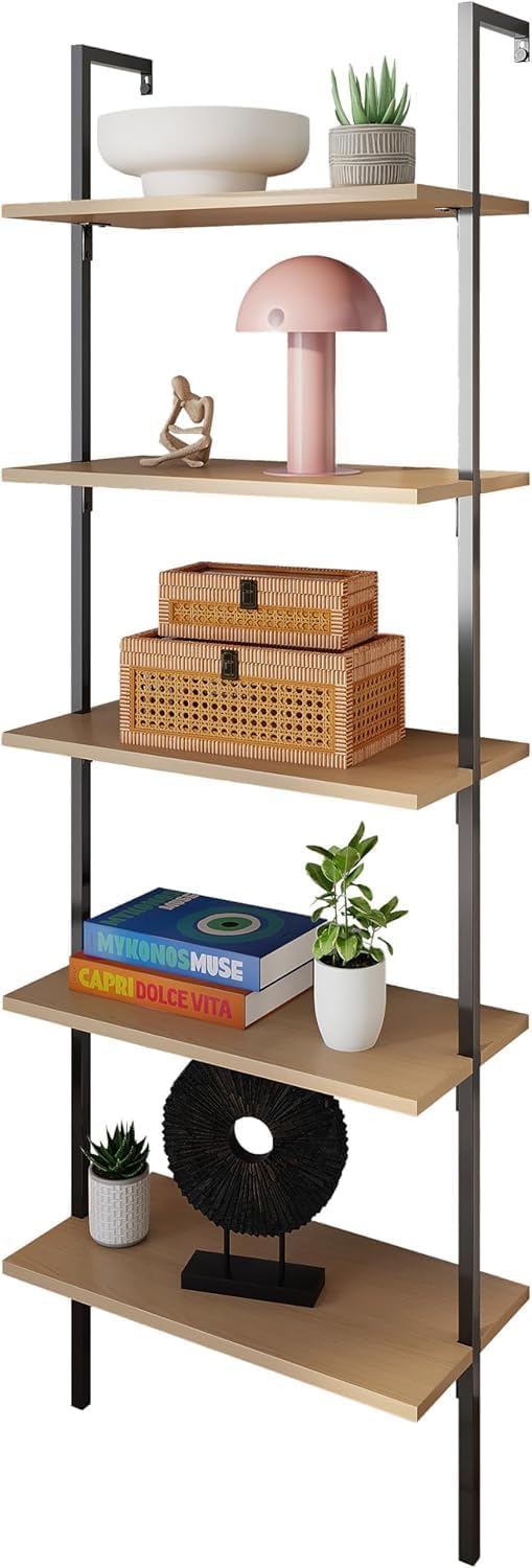 happimess MSH1001B Madera 72.05" Classic Industrial 5-Shelf Wood Wall-Mounted Open Ladder Bookcase with Metal Frame, Light Oak/Black