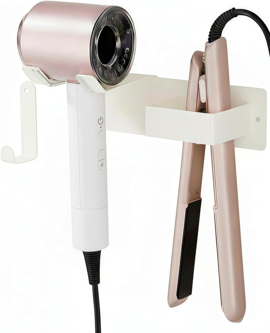 Hair Dryer and Straightener Holder, Upgraded Hair Straightener Holder with Cable Hook, Stainless Steel Universal Hairdryer Holder Wall Mounted Waterproof for Bathroom Space-Saving White PTALSEAW