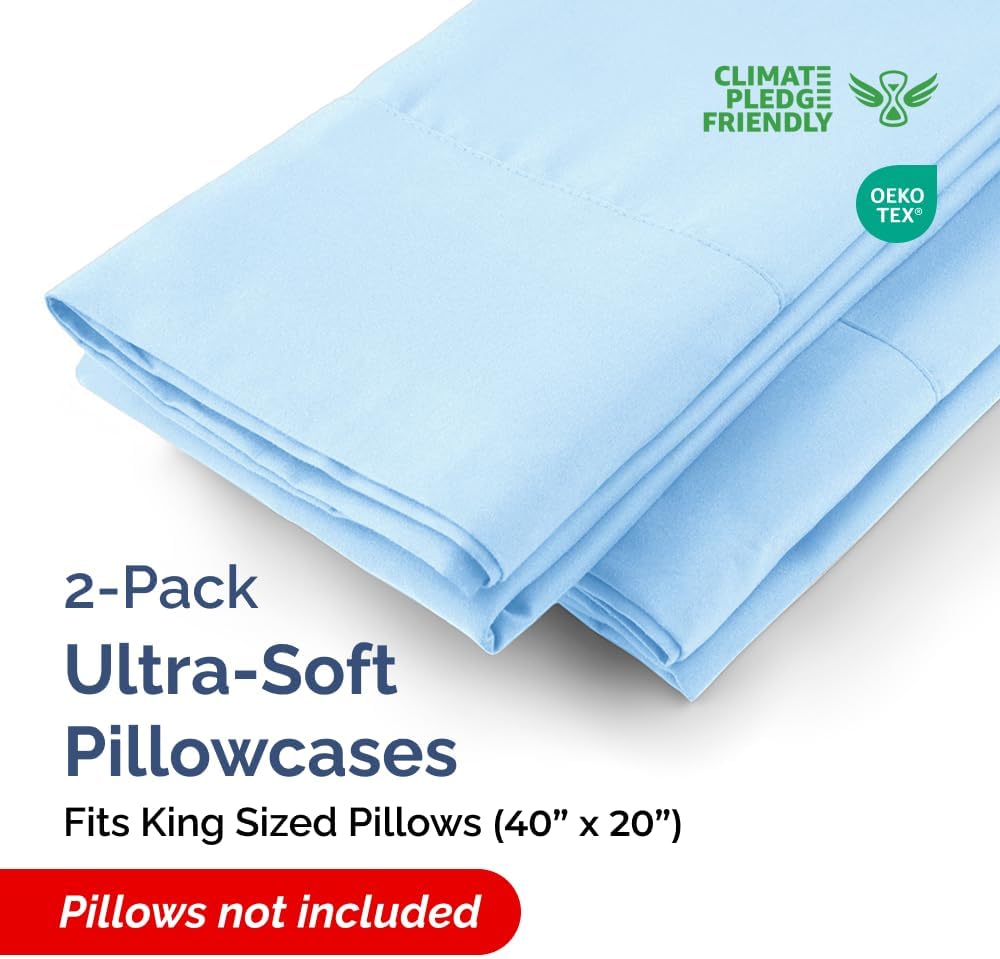 King Pillow Cases - 2 Pack - Super Soft Pillowcase Covers - Envelope Enclosure - Hotel Quality Pillow Protectors - Wrinkle Free, Shrink & Stain Resistant - Machine Washable - 20" x 40" (Light Blue)