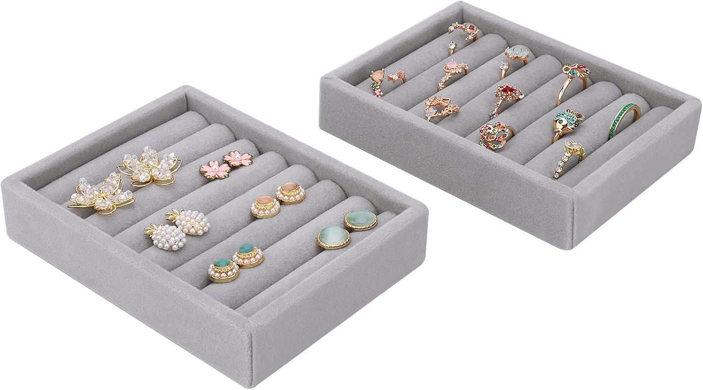 DesignSter Small Jewelry Tray, 2PCS Ring Organizer, Velvet Jewelry Display Tray, Stackable Jewelry Organizer Trays, Jewelry Drawer Organizer Inserts For Dresser, Jewelry Box (Gray)