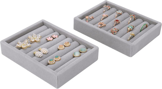 DesignSter Small Jewelry Tray, 2PCS Ring Organizer, Velvet Jewelry Display Tray, Stackable Jewelry Organizer Trays, Jewelry Drawer Organizer Inserts For Dresser, Jewelry Box (Gray)