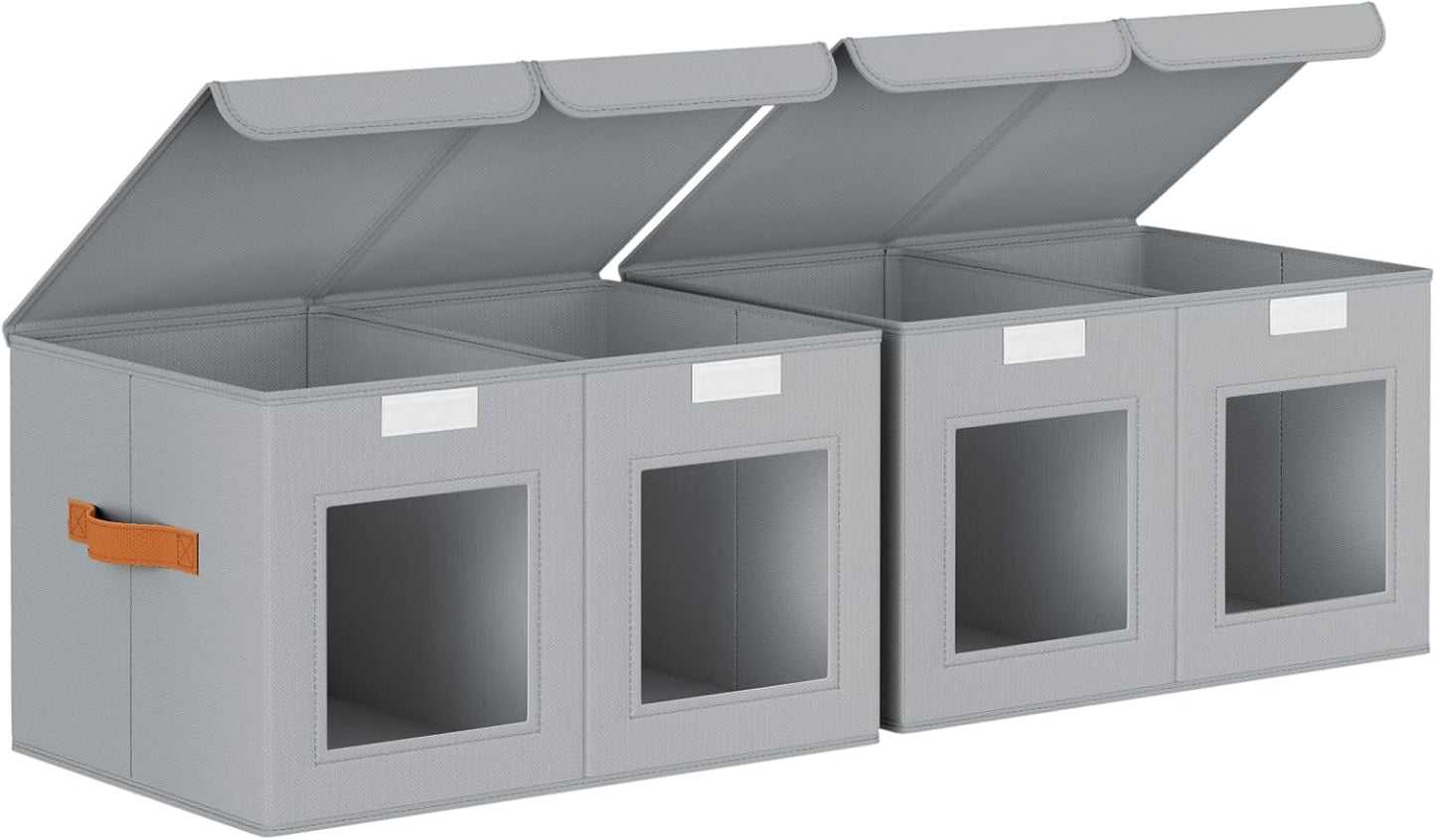 Large Closet Storage Bins - Collapsible Divided Clothes Organizer with Lids & Dual Window, Fabric Organizing Bins for Clothes, Sweater, Toys, Bedroom, Office (Grey, 2 Pack)