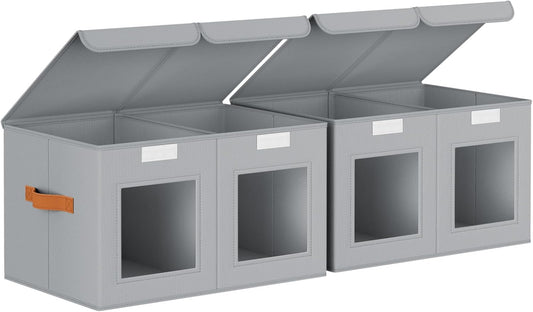 Large Closet Storage Bins - Collapsible Divided Clothes Organizer with Lids & Dual Window, Fabric Organizing Bins for Clothes, Sweater, Toys, Bedroom, Office (Grey, 2 Pack)