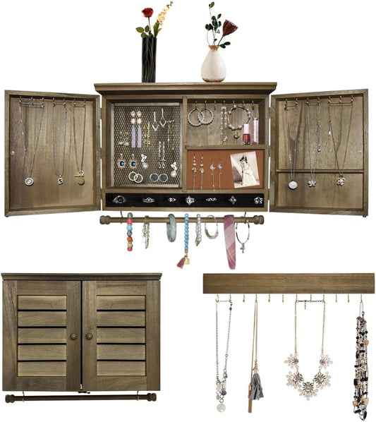 Rustic Wall Mounted Jewelry Organizer,Vintage Wooden Hanging Jewelry Holder Box with Barndoor Decor for Necklaces, Earings, Bracelets, Rings, Accessories. Includes Hook Organizer