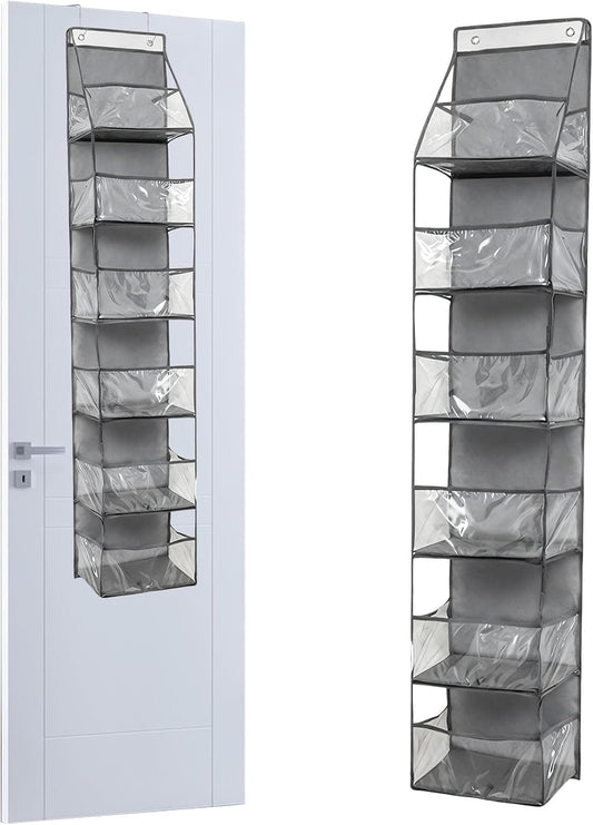 1Pack Over The Door Organizer, Hanging Door Storage Organizer with 6 Large Clear Pockets, Space Saving Behind Door Rack for Bedroom Closet Bathroom Pantry Nursery Office (Grey)