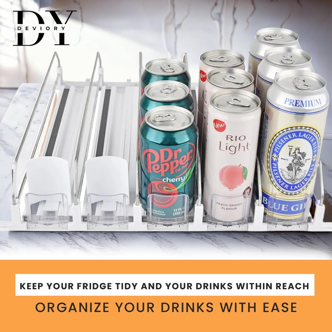 Soda Can Organizer with Automatic Can Pusher | Refrigerator Drink Organizer | Beverage Dispenser for Soda, Cans and Bottles | Space-Saving | Stainless Steel | Adjustable Sizes (5 Rows)