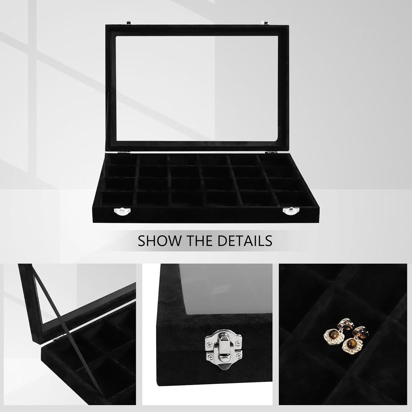 Wudygirl Jewelry Organizer 24 Grid Jewelry Tray with Clear Lid Velvet Jewelry Box Earrings Holder Organizer Jewelry Display Case (Black 24 Grid)