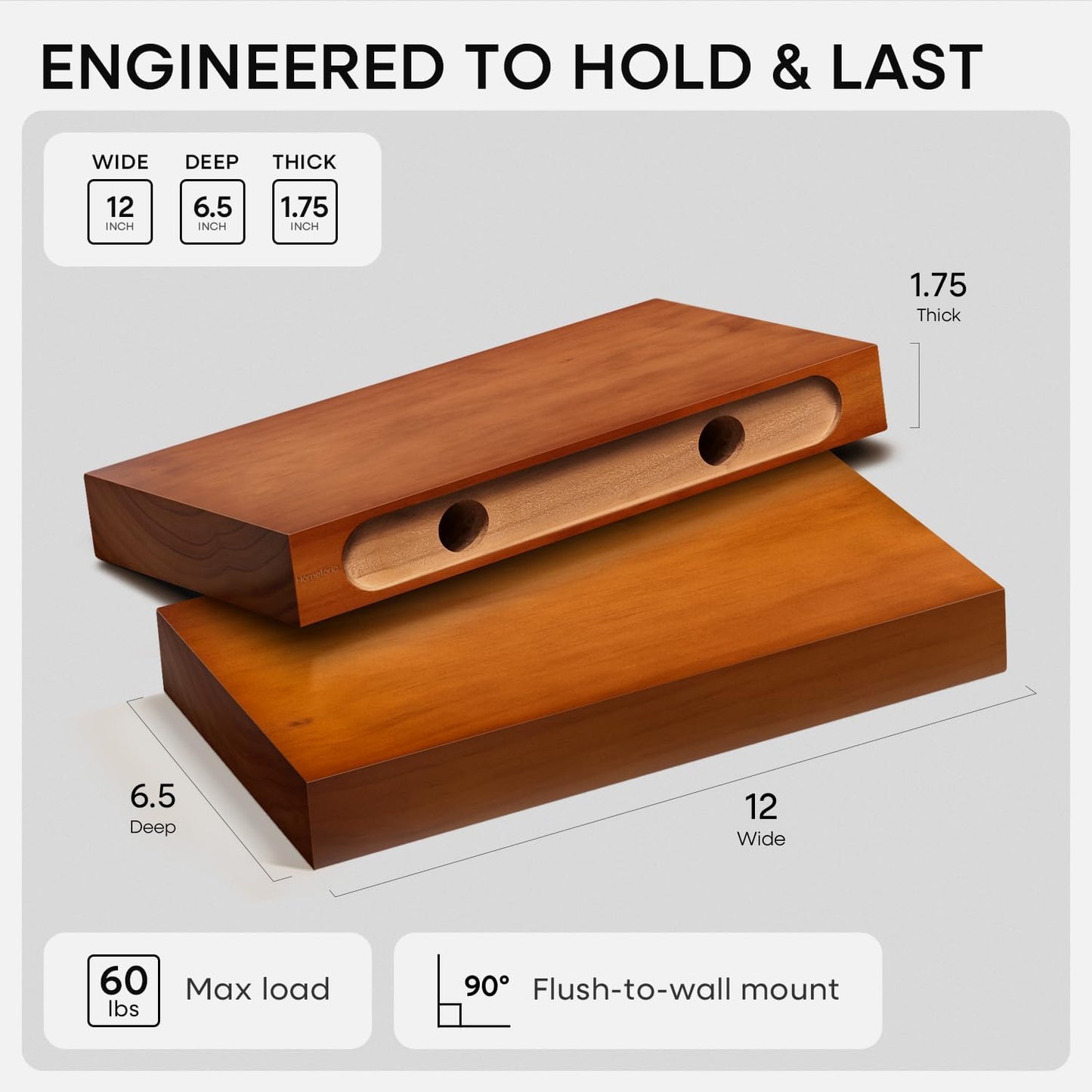 Homeforia 12 inch Oak Floating Shelf, High End Solid Real Wood 12inch Small Floating Shelves for Wall Mounted, Honey Oak Wooden 12in Floating Shelves, Heavy Duty Bracket, 12 X 6.5 X 1.75 in, Set of 2