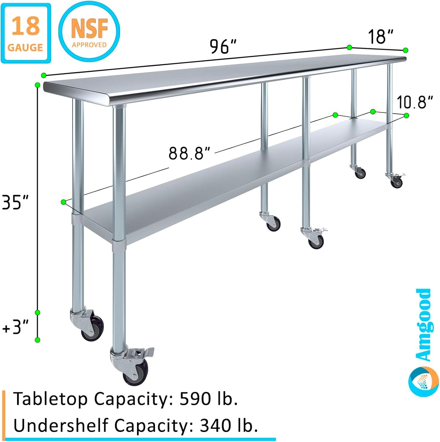 AmGood Stainless Steel Work Table with Casters | Heavy Duty Metal Utility Table On Wheels | Kitchen Island Cart (96" Long x 18" Deep)