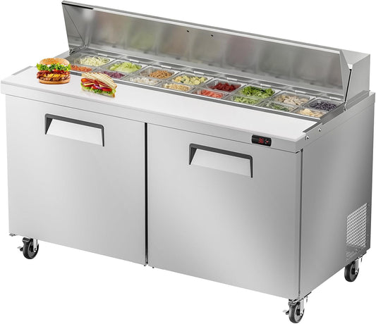 60" W Commercial Refrigerator Sandwich Salad Prep Table, Stainless Steel 2-Door Sandwich Prep Table Refrigerator, Counter Fan Cooling Refrigerator with 16 Pans for Restaurant, Bar