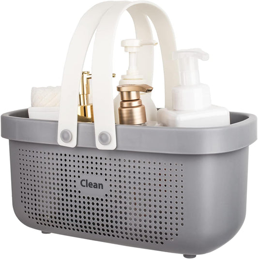 JiatuA Plastic Storage Basket with Handle Portable Shower Caddy Tote Organizer Basket Bin for Bathroom Kitchen Dorm Room Bedroom, Gray