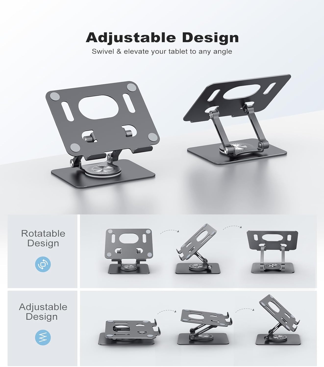 Swivel Tablet Stand with 360 Rotating Base, Adjustable Holder for Drawing, Compatible with iPad Pro/Air/Mini and More (Black)