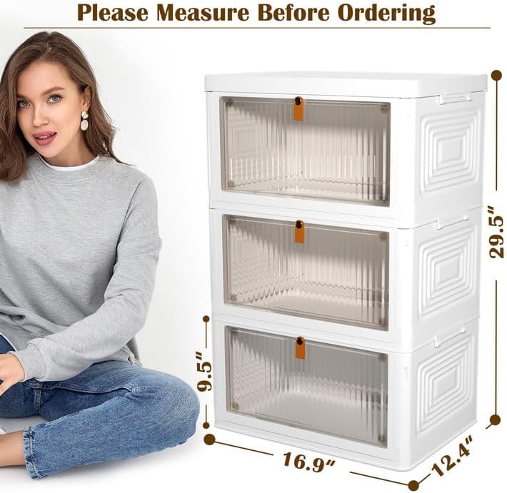 3 Tier Plastic Storage Bins with Lids 35QT, Stackable Storage Containers with Wheels, Folding Storage Boxes, Collapsible Storage Bins, Closet Organizers and Storage for Living Room,Office,Dorm