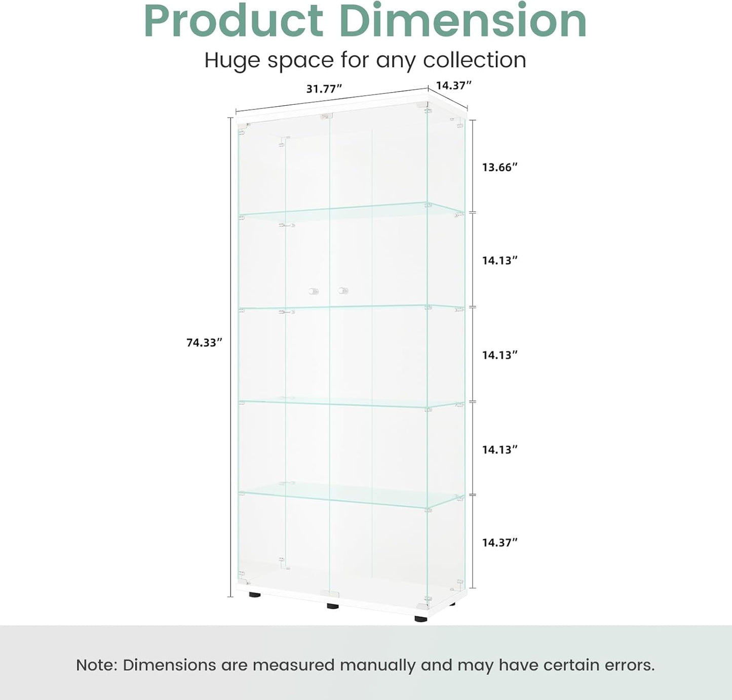 Beauty4U Glass Display Cabinet with 5 Shelves, Curio Cabinets for Living Room, Bedroom, Office, White Floor Standing Glass Bookshelf, Quick Installation