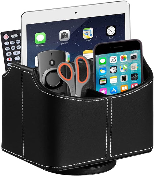 PU Leather Remote Control Holder,360 Degree Spinning Desk TV Remote Caddy,Desk Organizers and Accessories,for Controller,Media,Mail,Calculator,Mobile Phone,Pen Storage Holder(Black)