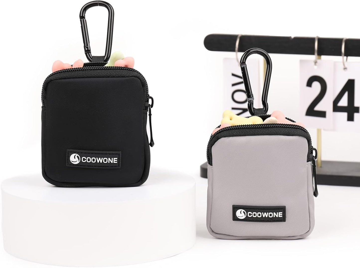 2 PCS Waterproof Small Dog Treat Bag for Leash, Hands Free Dog Walking Bag with Carabiner, Dog Poop Bag Holder for Pet Puppy Travel or Outdoor Use, Zipper Closure to Avoid Spilling